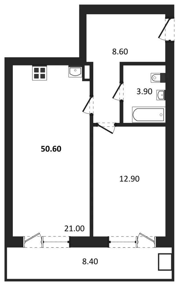 Планировка: 1-комн., 50,6 м²