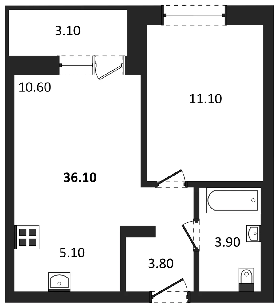 Планировка: 1-комн., 36,1 м²