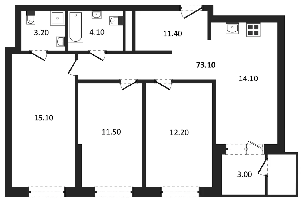 Планировка: 3-комн., 73,1 м²