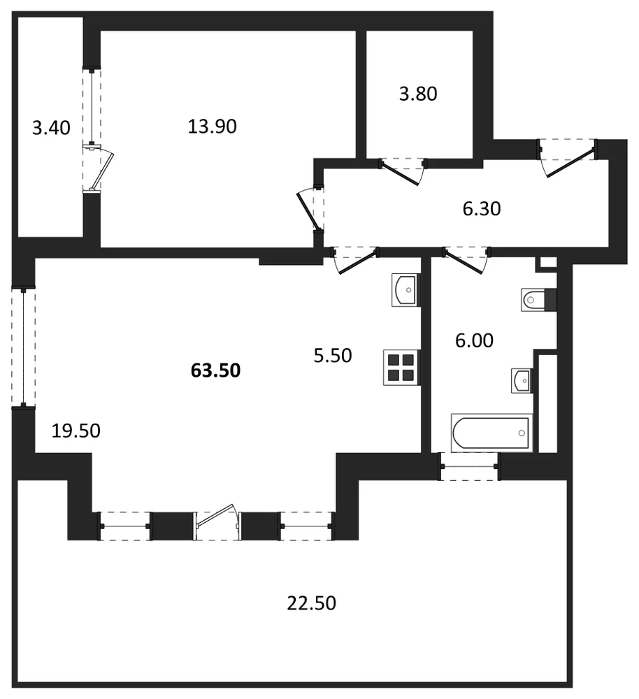 Планировка: 1-комн., 63,5 м²