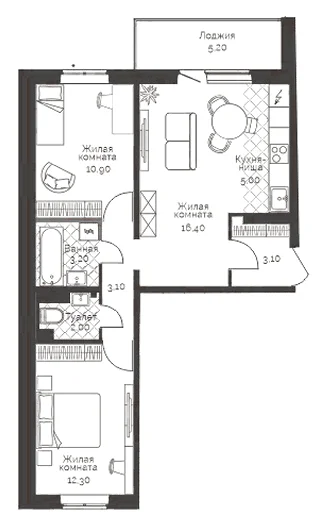 Планировка: 2-комн., 58,6 м²