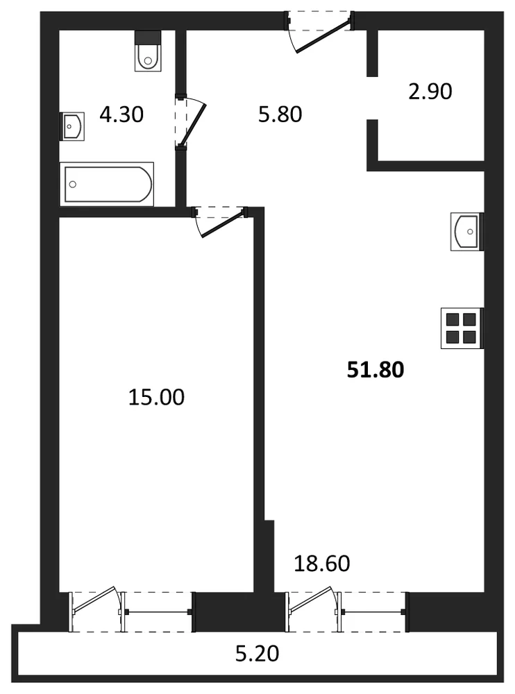 Планировка: 1-комн., 48,2 м²