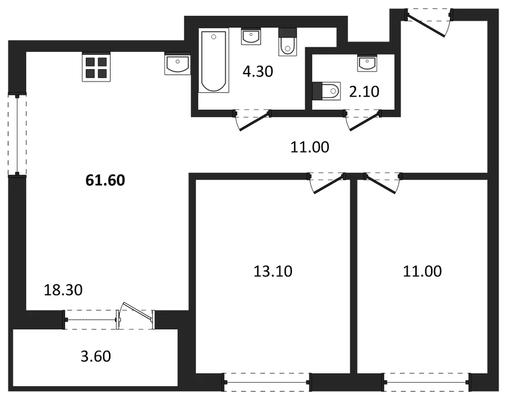 Планировка: 2-комн., 61,1 м²