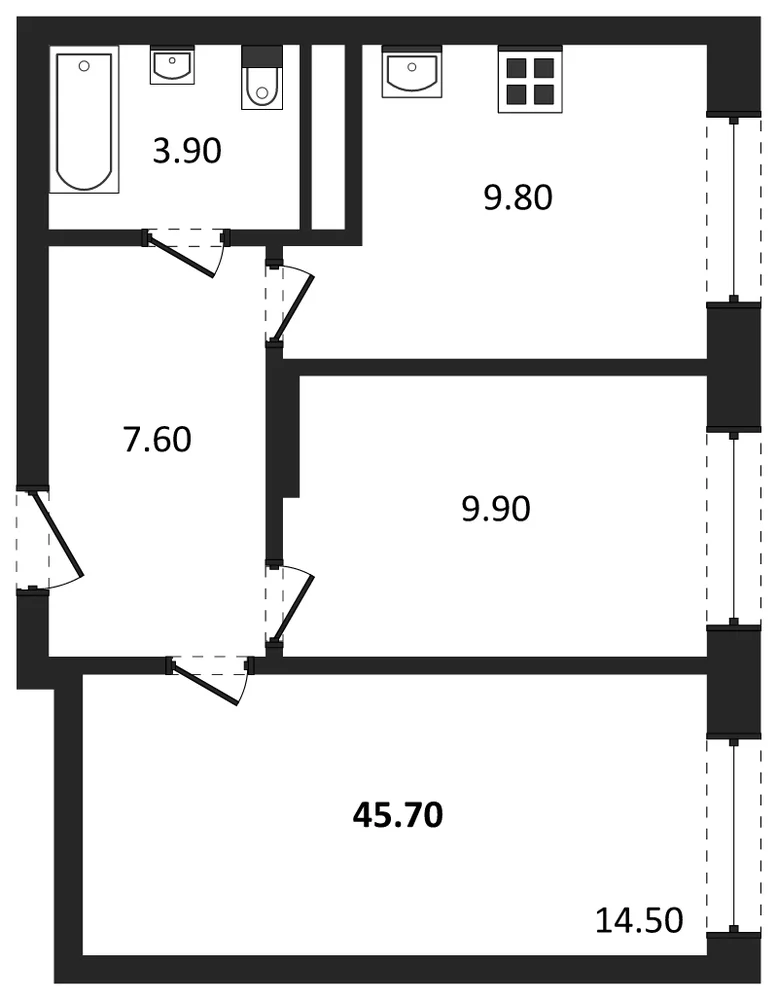 Планировка: 2-комн., 45,7 м²