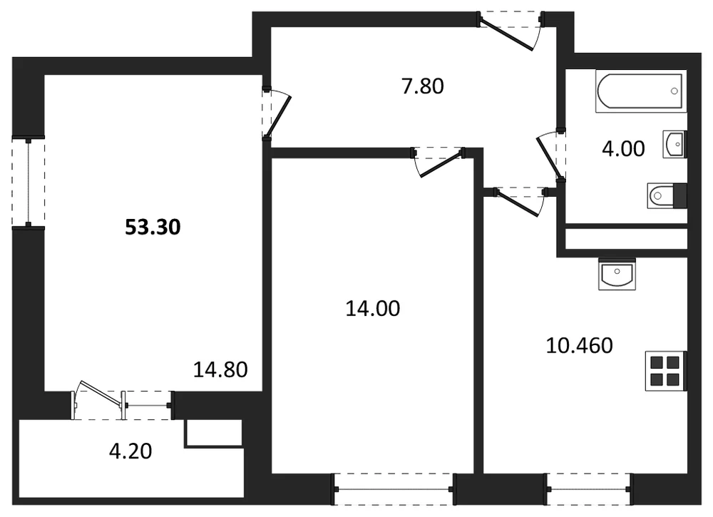 Планировка: 2-комн., 53,3 м²