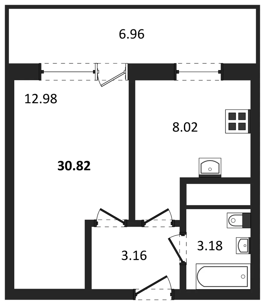Планировка: 1-комн., 30,8 м²